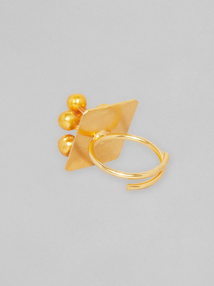 Rubans 24K Gold Plated Ring With Square Design And Golden Beads Rings