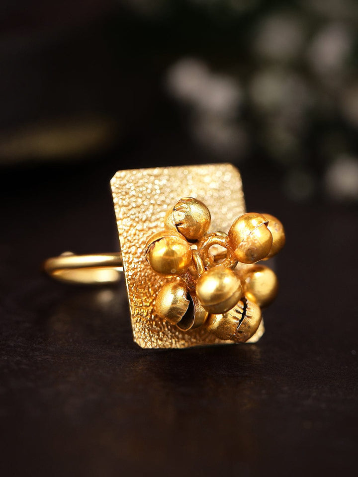 Rubans 24K Gold Plated Ring With Square Design And Golden Beads Rings