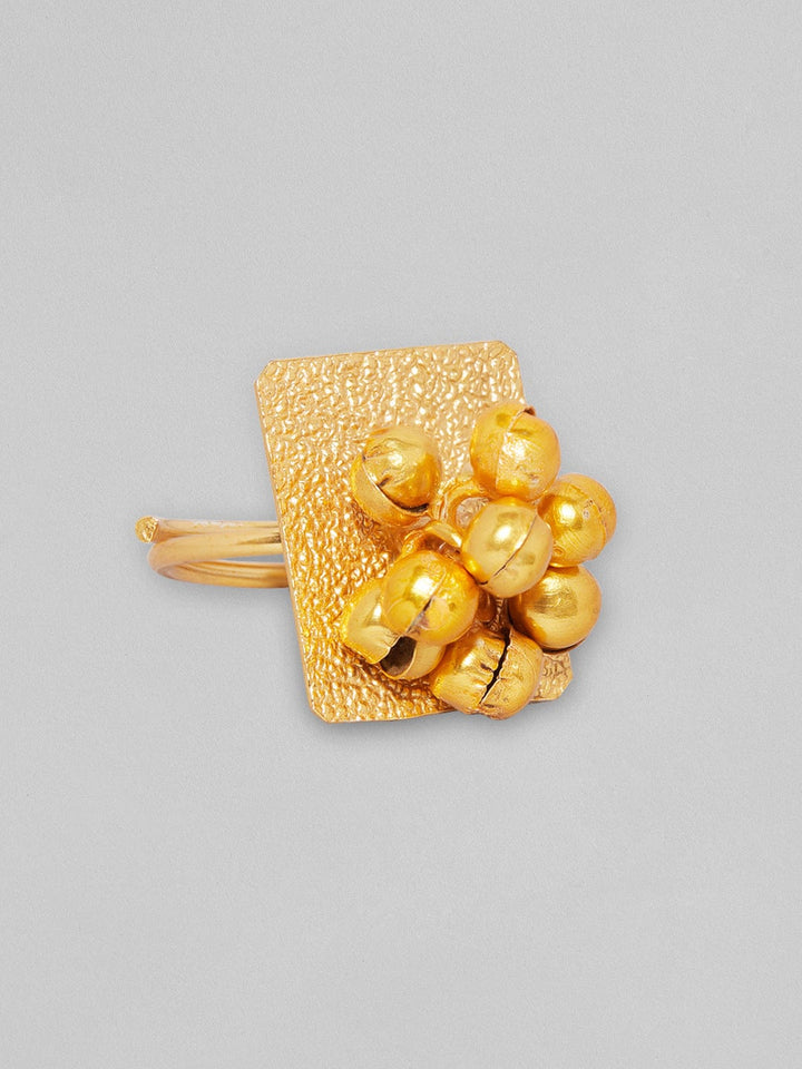 Rubans 24K Gold Plated Ring With Square Design And Golden Beads Rings