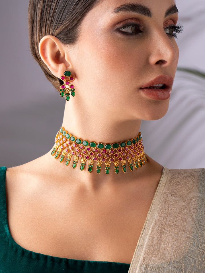 Rubans 24K Gold Plated Ruby and emerald studded Choker set. Necklaces
