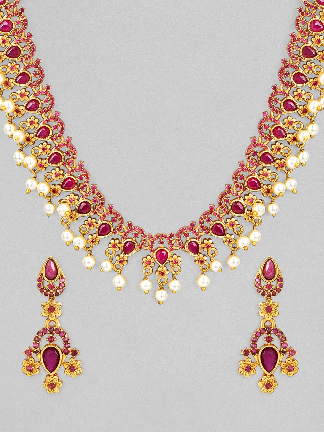 Rubans 24K Gold Plated Ruby Studded & Pearl Beaded Necklace Set Necklace Set