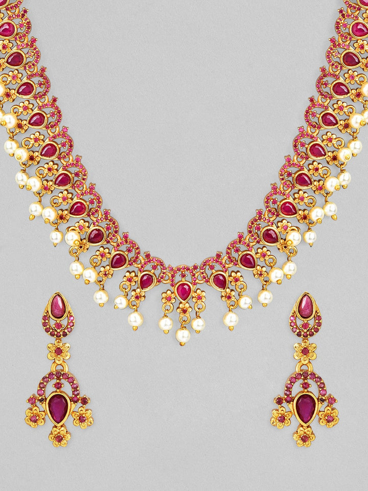 Rubans 24K Gold Plated Ruby Studded & Pearl Beaded Necklace Set Necklace Set