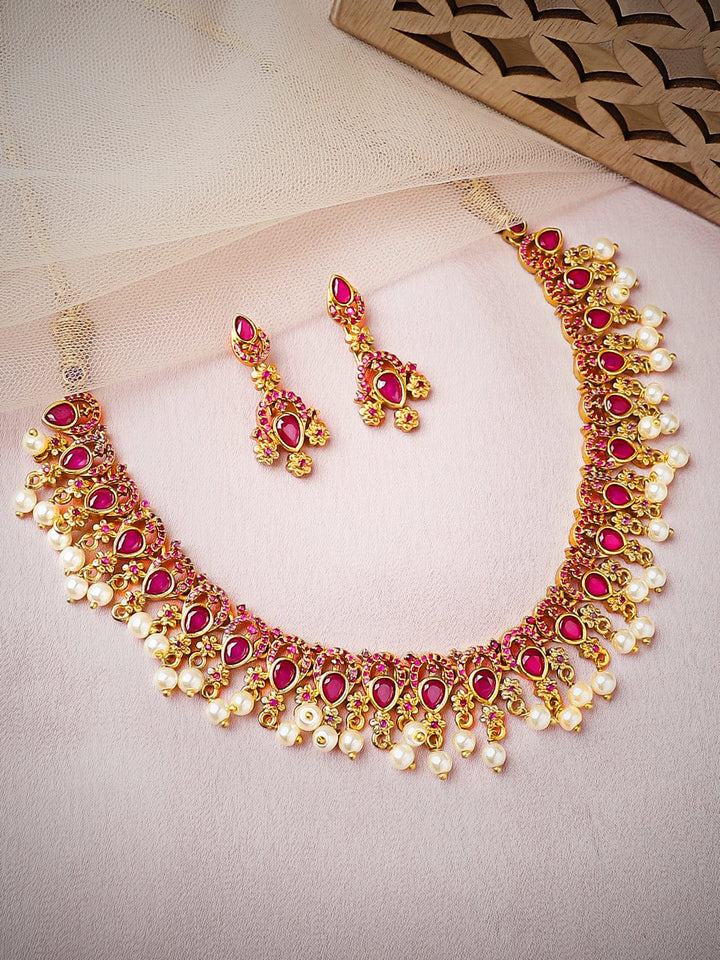 Rubans 24K Gold Plated Ruby Studded & Pearl Beaded Necklace Set Necklace Set