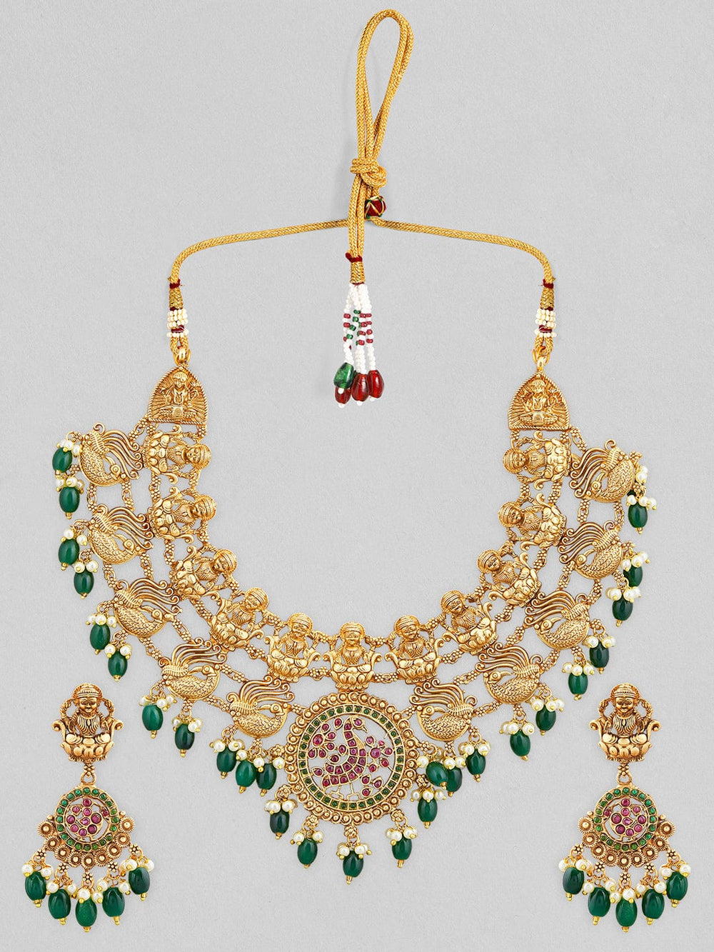 Rubans 24K Gold Plated Temple Necklace Set With Goddess Motifs And Beads Jewelry Sets
