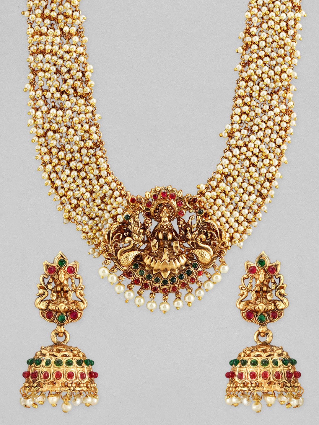 Rubans 24K Gold Plated Temple Necklace Set With Pearls Design Necklace Set