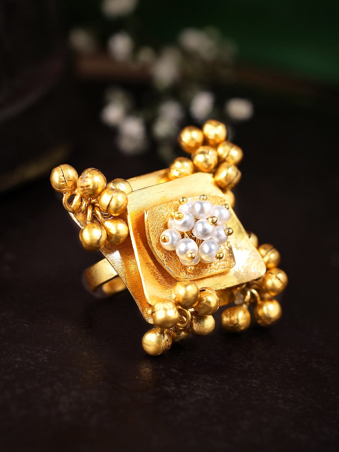 Rubans 24K Gold Plated Unique Ring With Pearls And Golden Beads Rings
