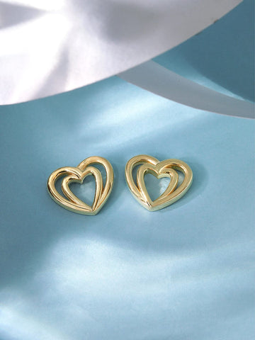 Rubans 925 Silver, 18K Gold Plated Layered Heart Motif Stud Earrings. Earrings