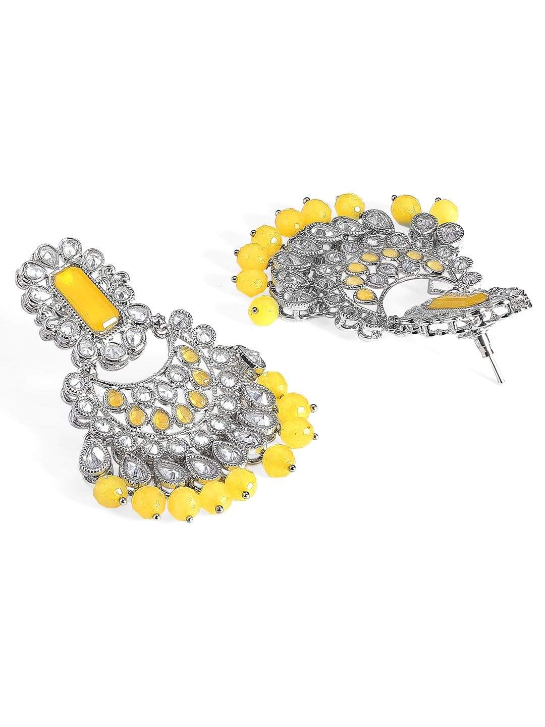 Rubans AD Studded Silver Plated Yellow Beaded Chandbali Earrings Earrings
