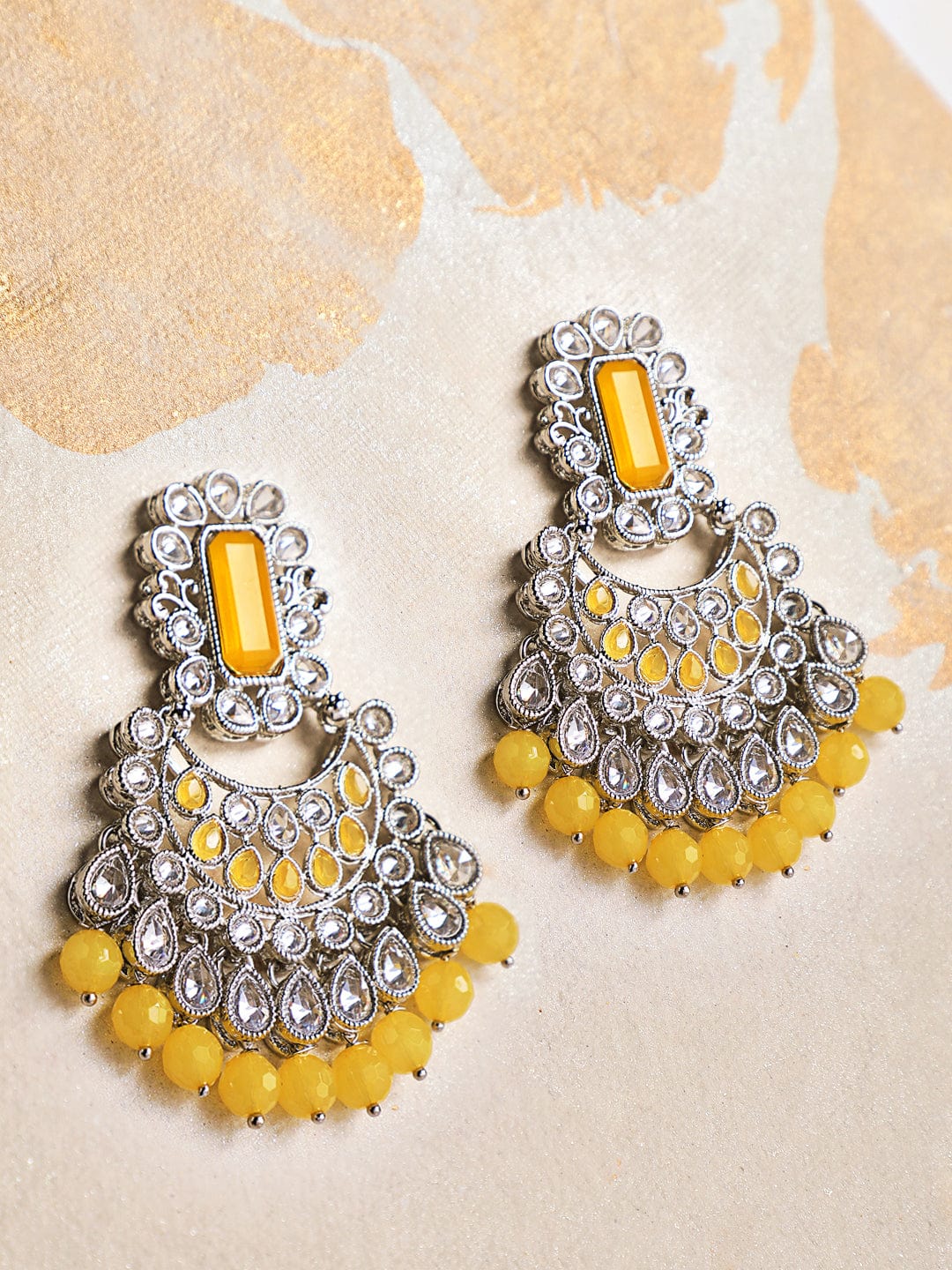 Rubans AD Studded Silver Plated Yellow Beaded Chandbali Earrings Earrings