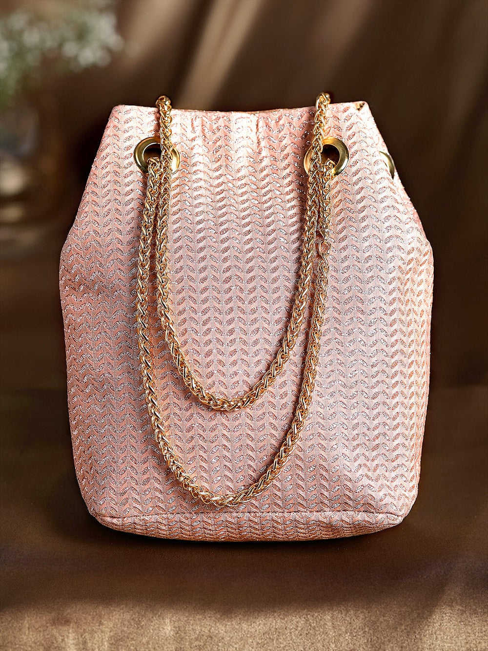 Rubans Baby Pink Colour Potli Bag With Golden Print And Golden Chain Design. Handbag & Wallet Accessories