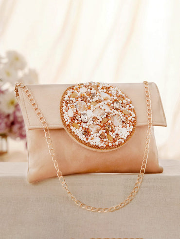 Rubans Beige Colour Clutch Bag With Design Of Studded Stones And Pearls. Handbag & Wallet Accessories
