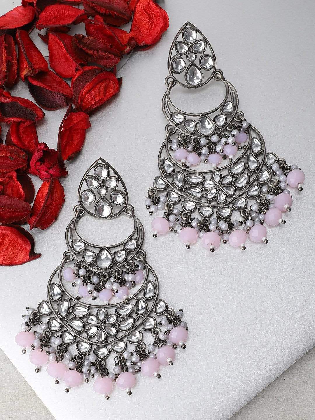 Rubans Black Metal Handcrafted Kundan Stone Statement Chandbali Earrings Earrings