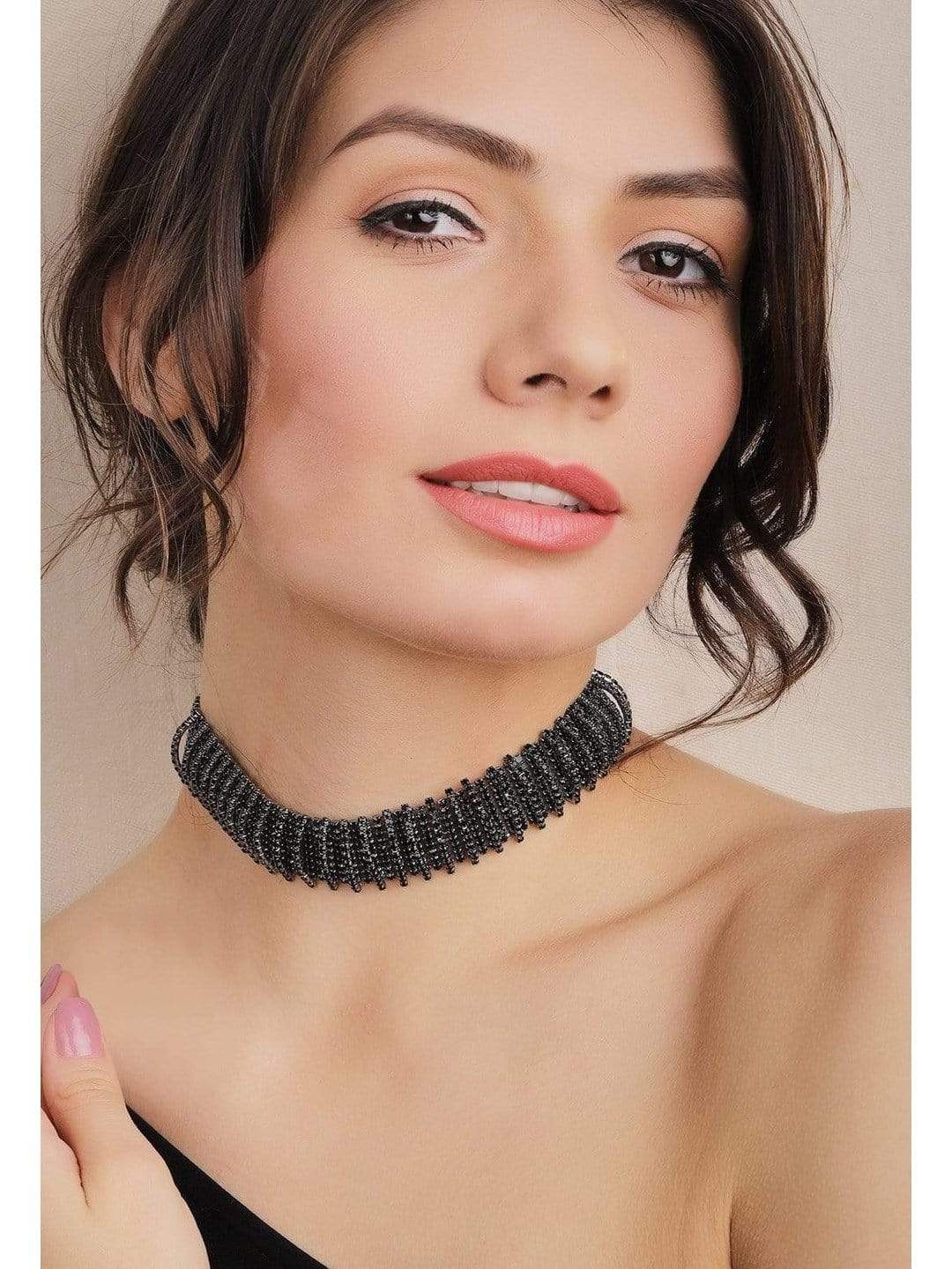 Rubans Rhodium Plated Black Oxidized Rhinestone Studded Statement Chok