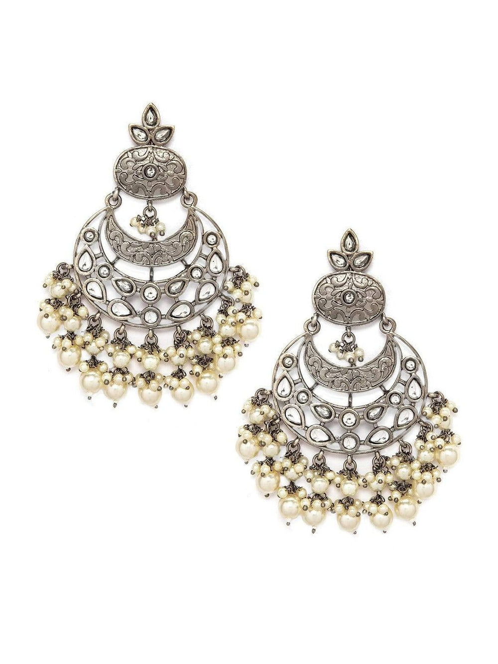 Rubans Black Metal Pearl Statement Chandbali Earrings Earrings