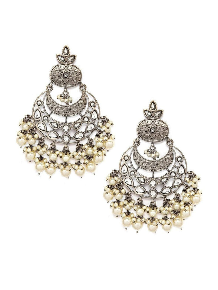 Rubans Black Metal Pearl Statement Chandbali Earrings Earrings