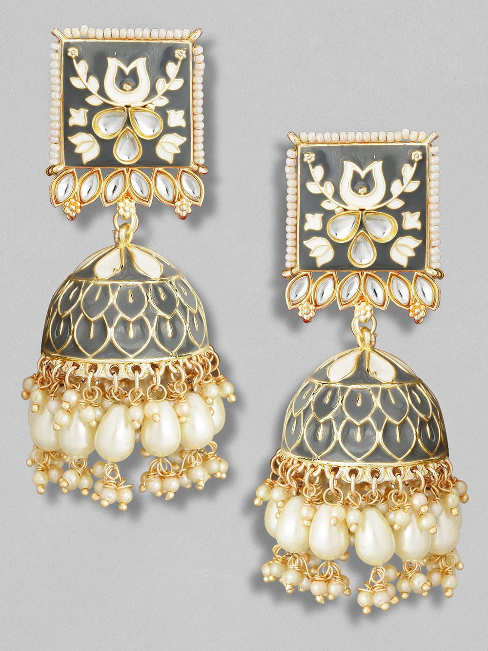 Rubans Charcoal Grey Gold Plated Stone Studded & Beaded Handcrafted Enamelled Jhumkas Earrings