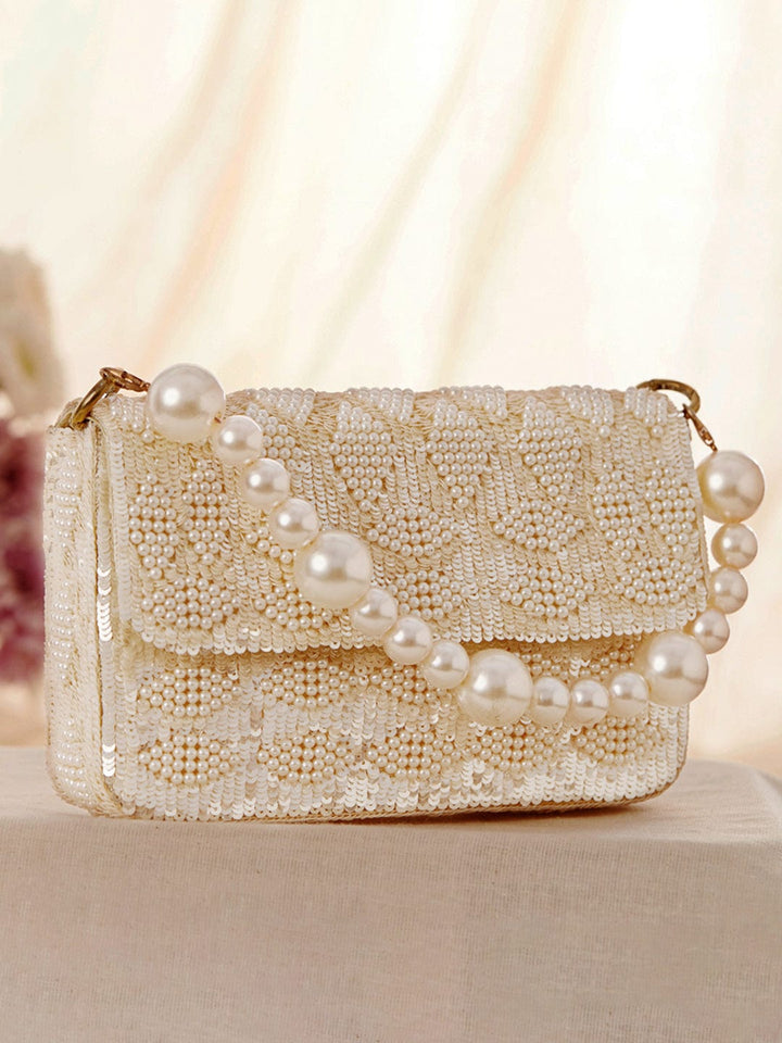 Rubans Cream Colour Handbag With Embroided Design And Pearls. Handbag & Wallet Accessories