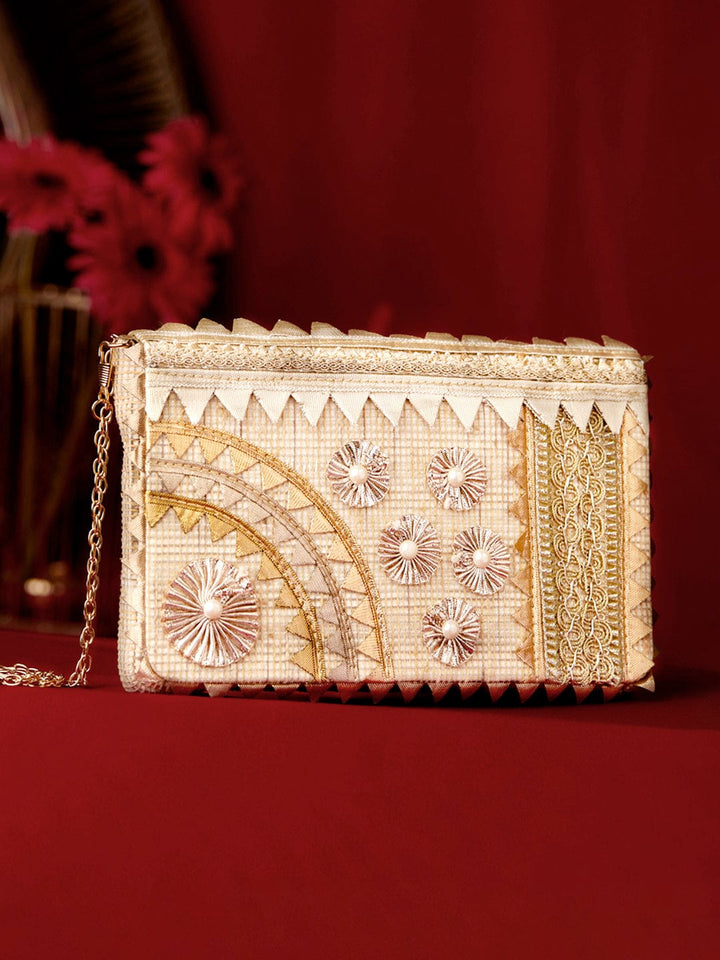 Rubans Cream Colour Handbag With Embroided Gold And Silver Design And Pearls. Handbag & Wallet Accessories