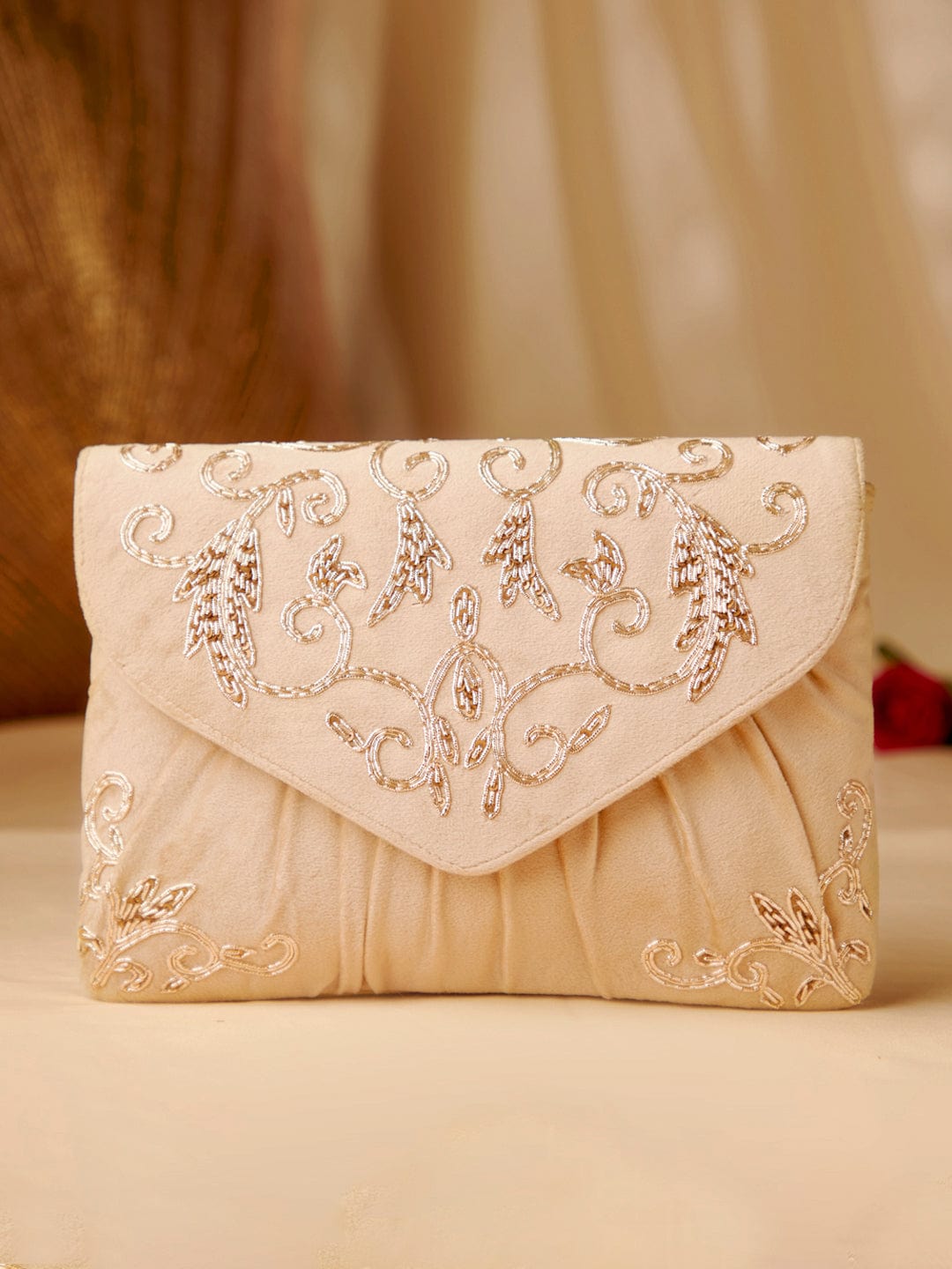 Rubans Cream Colour Slingbag With Embroided Gold And Brown Design. Handbag & Wallet Accessories
