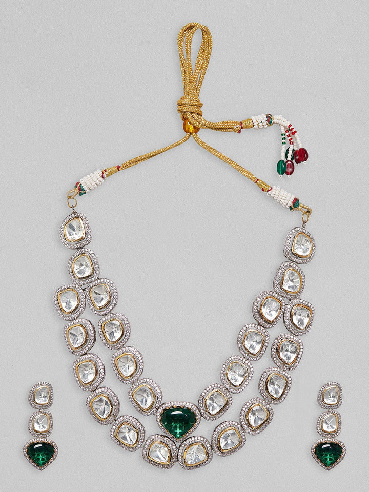Rubans Dual Tone Polki Layered Necklace Set With Emerald Green Stone. Necklace Set