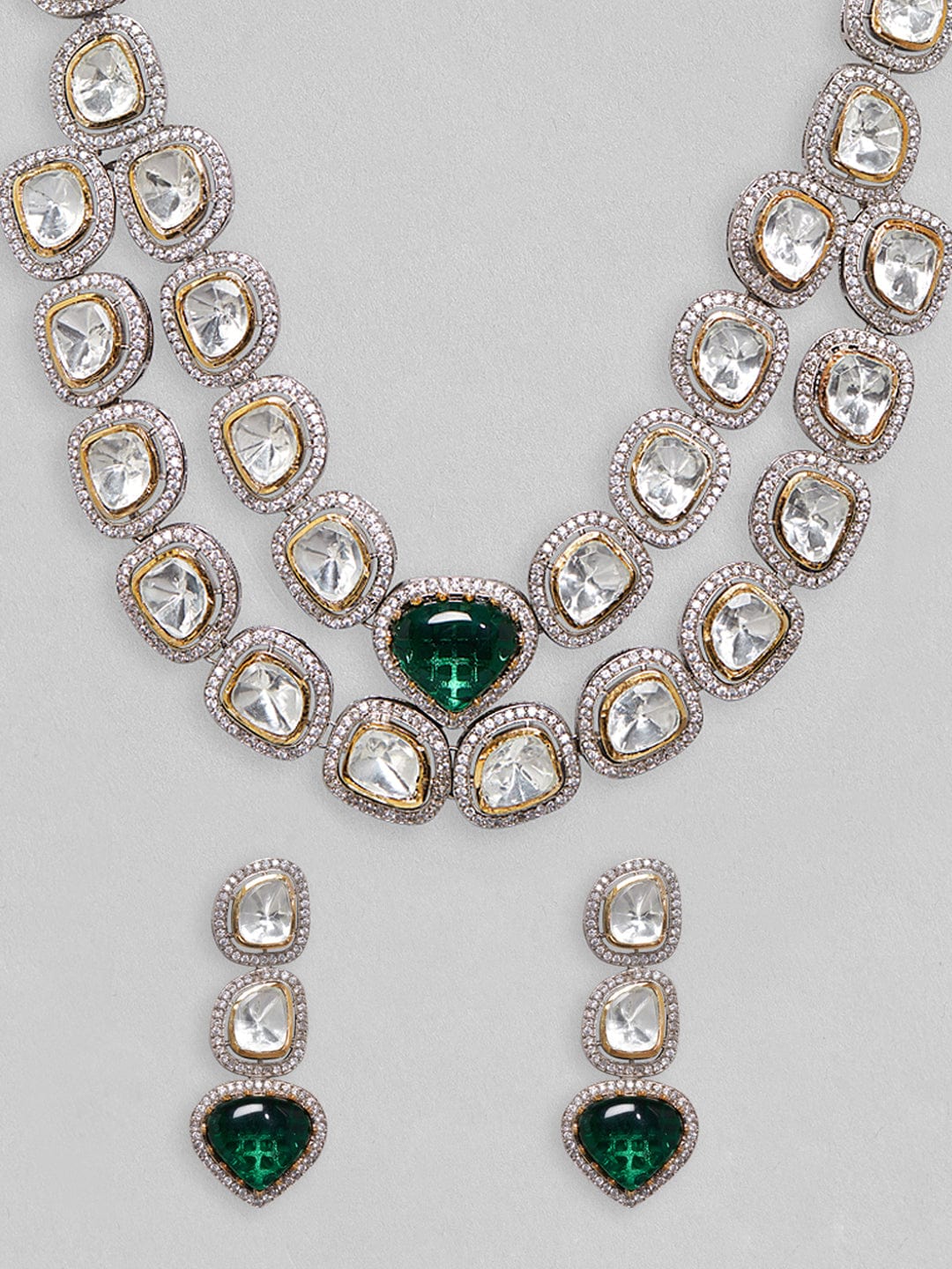 Rubans Dual Tone Polki Layered Necklace Set With Emerald Green Stone. Necklace Set