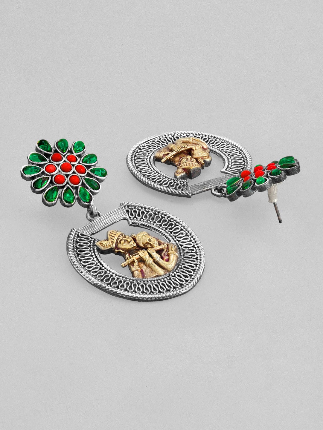 Rubans Dual Toned Drop Earrings With God Motif And Studded Stones Earrings
