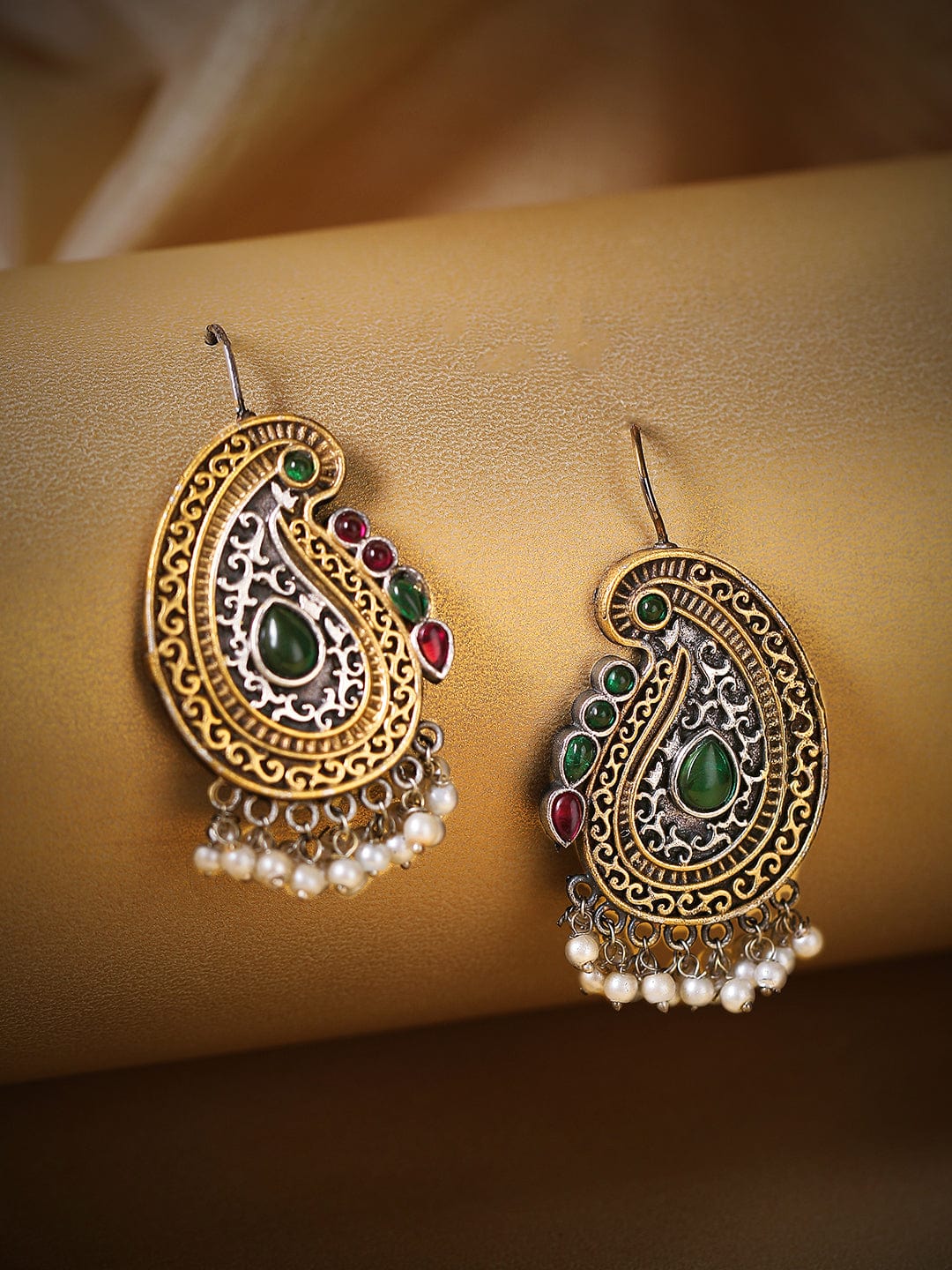 Rubans Dual Toned Drop Earrings With Indian Motif And Studded Emerald Stones Earrings