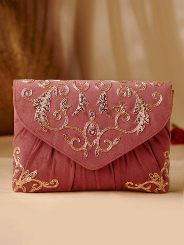 Rubans Dusky Pink Colour Handbag With Embroided Gold And Brown Design. Handbag & Wallet Accessories