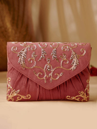 Rubans Dusky Pink Colour Handbag With Embroided Gold And Brown Design. Handbag & Wallet Accessories