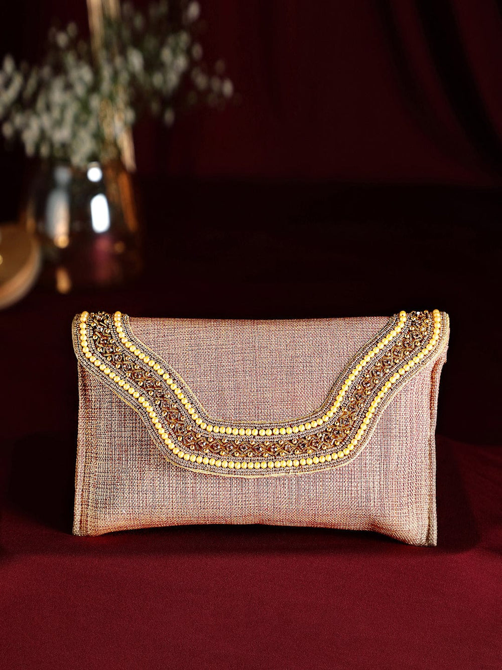 Rubans Dusky Pink Coloured Clutch With Texture And Studded Stones Handbag & Wallet Accessories