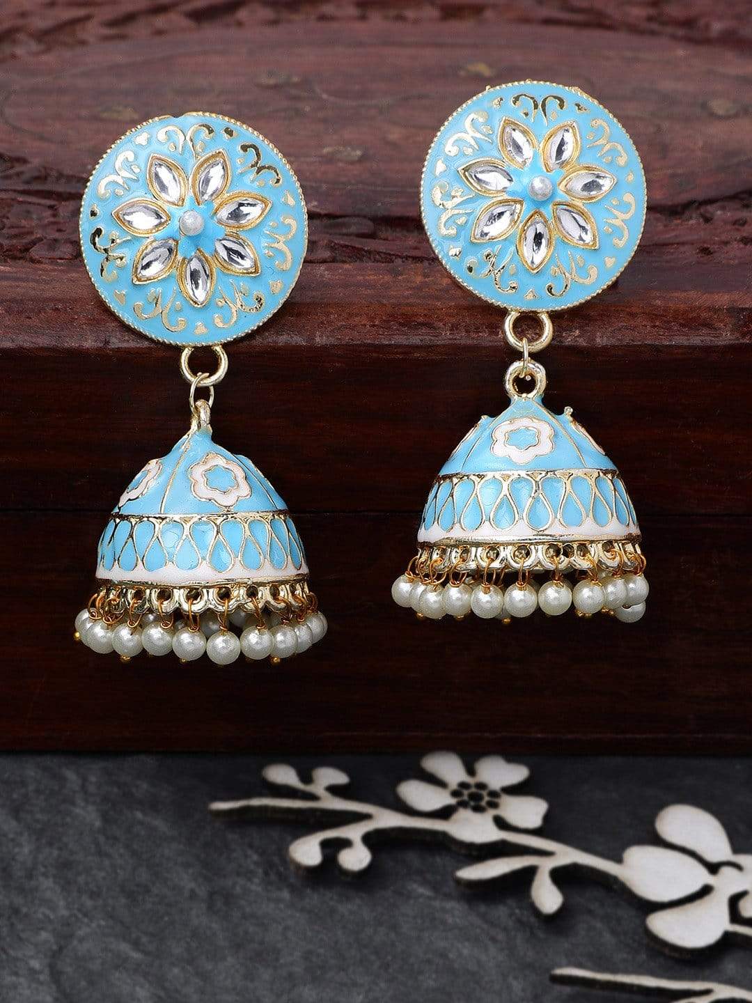 Rubans Enamel Hand Painted Stone Studded Gold Toned Jhumka Earring Earrings