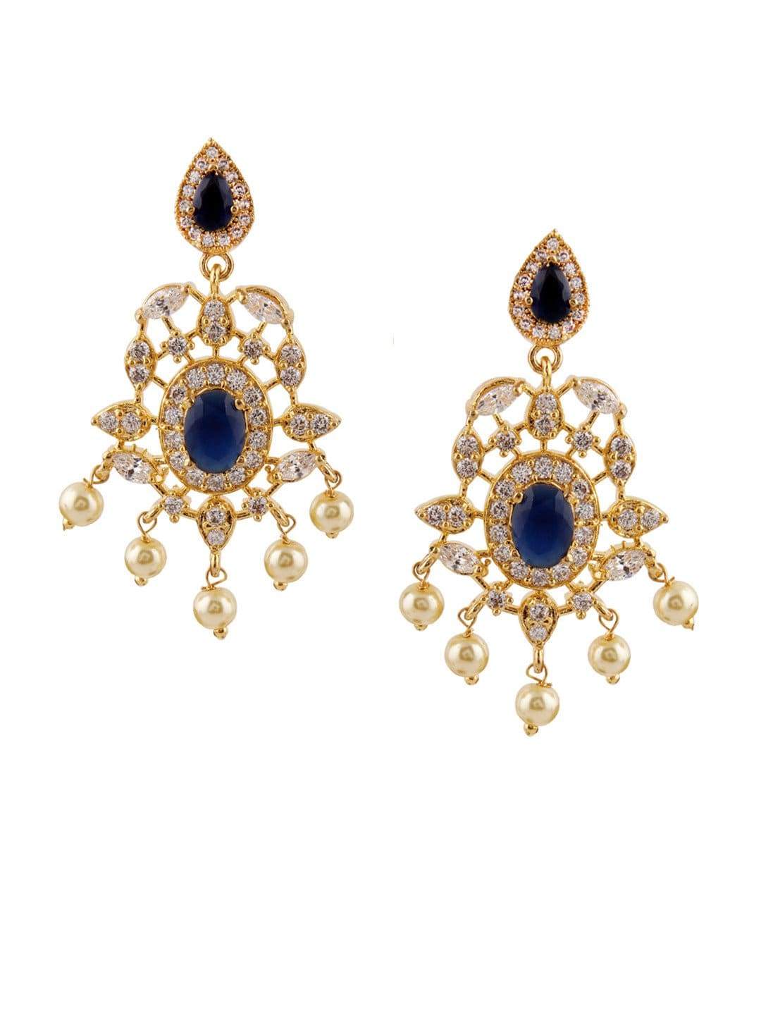 Rubans Finely Handcrafted Gold Plated CZ and Faux Colorstone Studded Drop Earrings Earrings