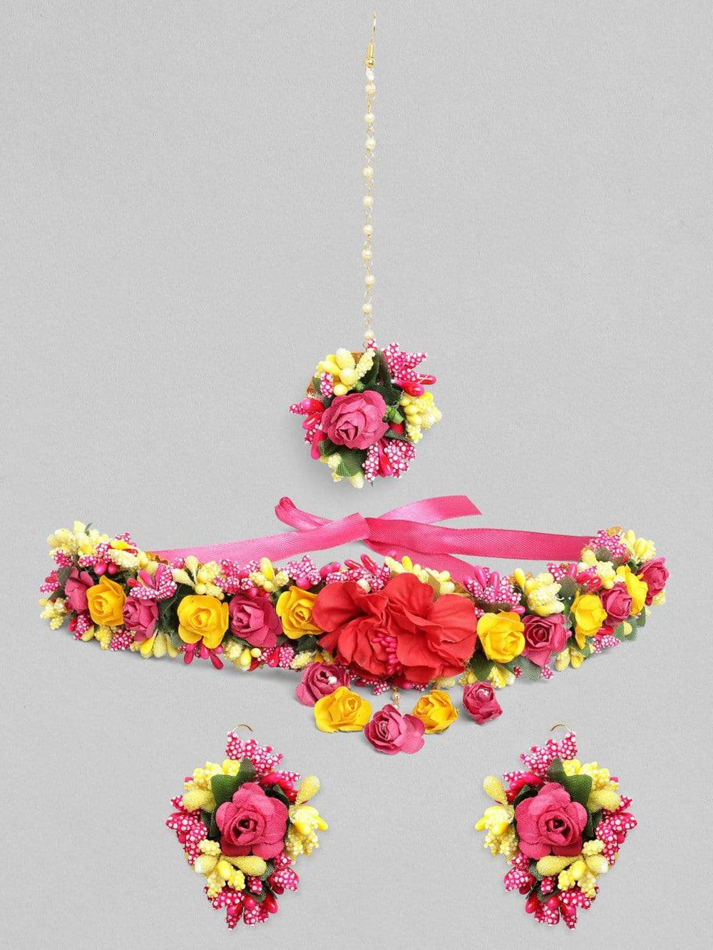 Rubans Floral Jewellery SeT In Pink And Yellow Flowers For Haldi Earrings