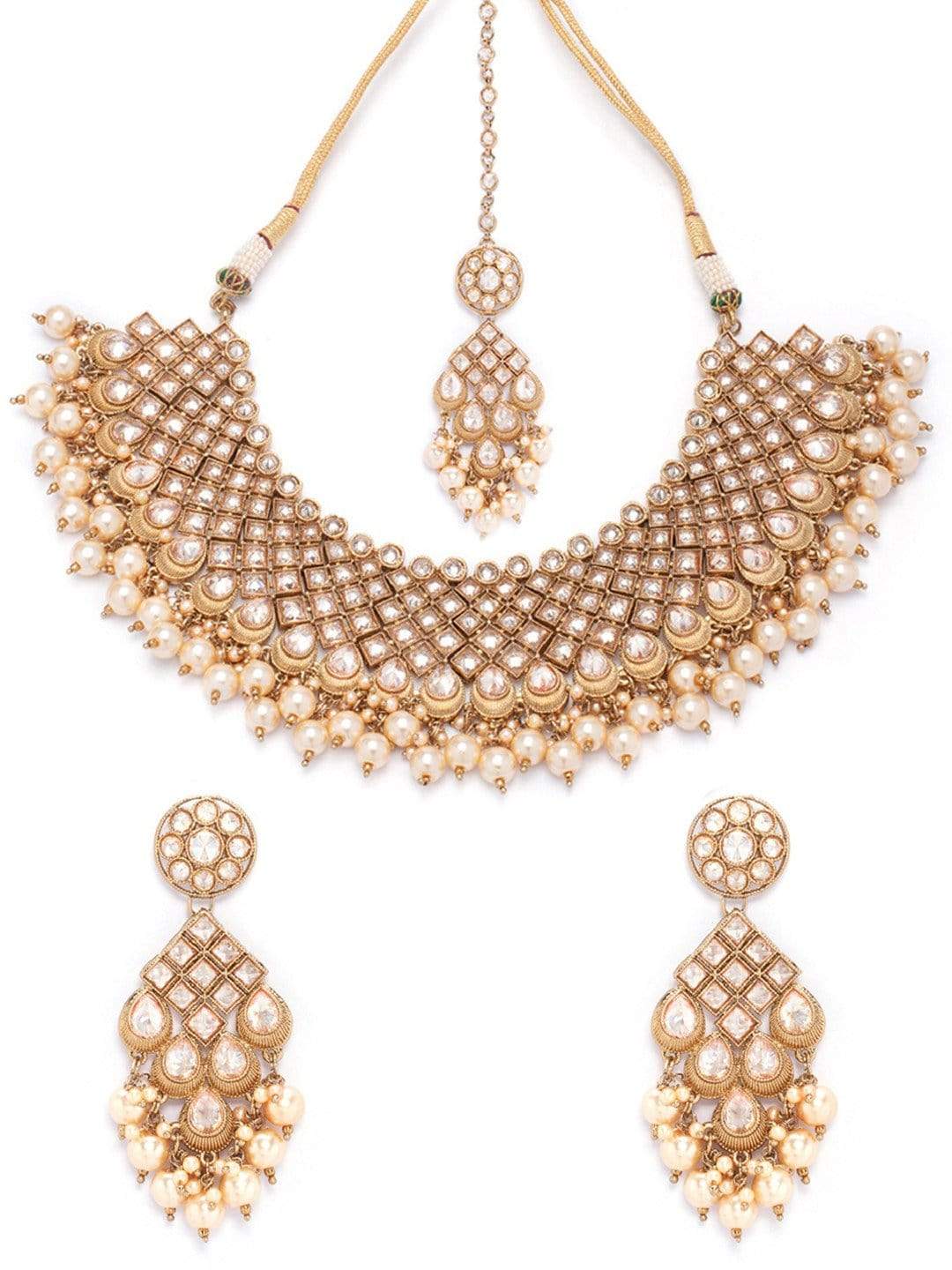 Rubans Gold Plated AD Studded Embellished With Pearls Statement Necklace Set With Maangtikka Necklace Set