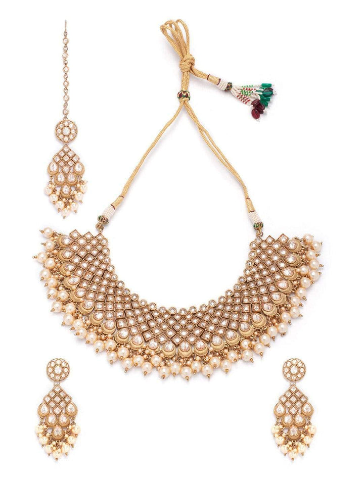 Rubans Gold Plated AD Studded Embellished With Pearls Statement Necklace Set With Maangtikka Necklace Set