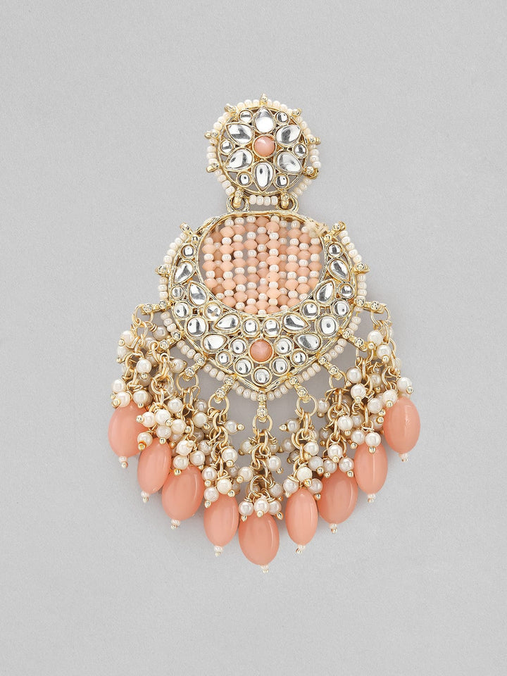 Rubans Gold Plated Chandbali Earrings With Golden And Pink Beads Earrings