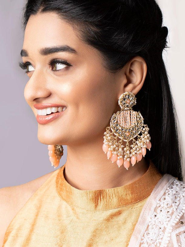 Rubans Gold Plated Chandbali Earrings With Golden And Pink Beads Earrings