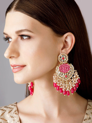 Rubans Gold Plated Chandbali Earrings With Pink And White Beads Earrings