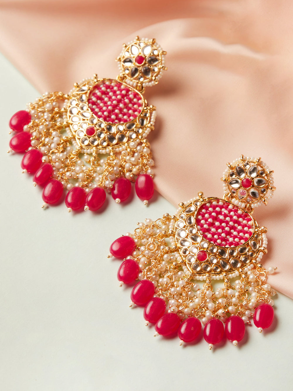 Rubans Gold Plated Chandbali Earrings With Pink And White Beads Earrings