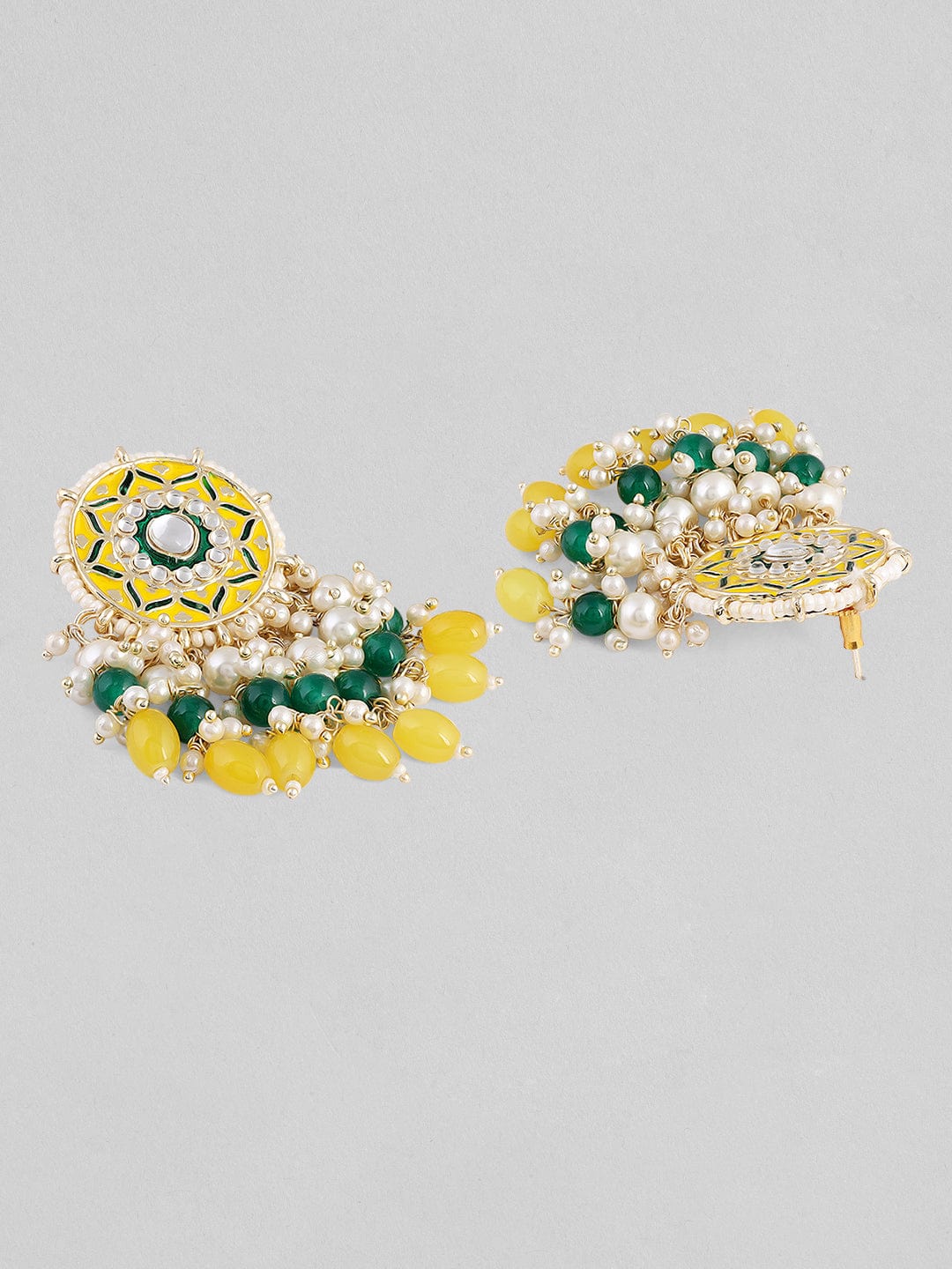 Rubans Gold Plated Chandbali Earrings With Yellow And Green Enamell And Beads Earrings