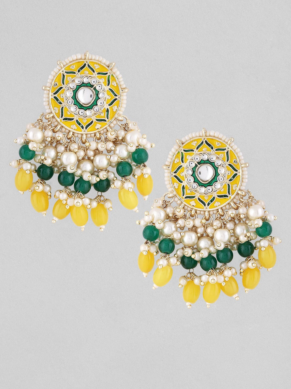 Rubans Gold Plated Chandbali Earrings With Yellow And Green Enamell And Beads Earrings