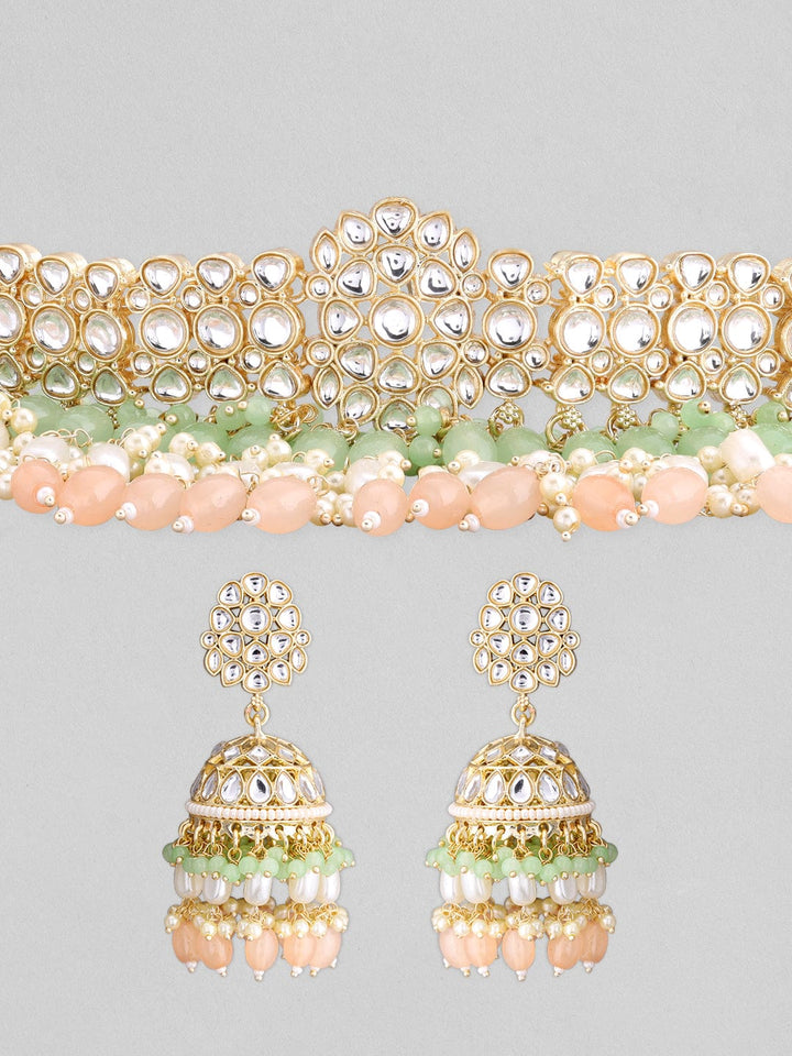 Rubans gold plated choker set with studded stones and mint green, beige colour beads. Necklace Set