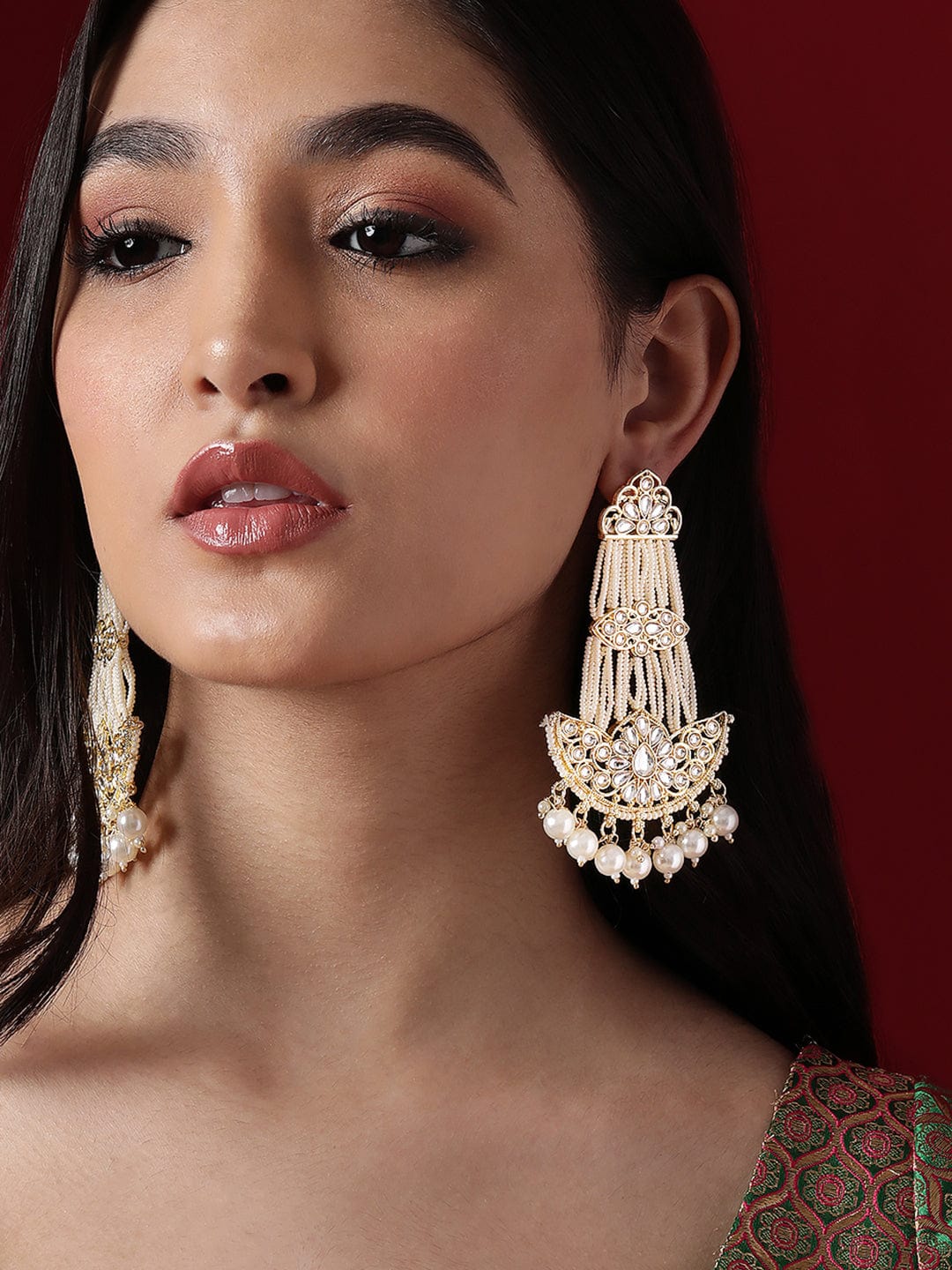 Rubans Gold Plated Classic Kundan Chandbali With White Beads. Earrings