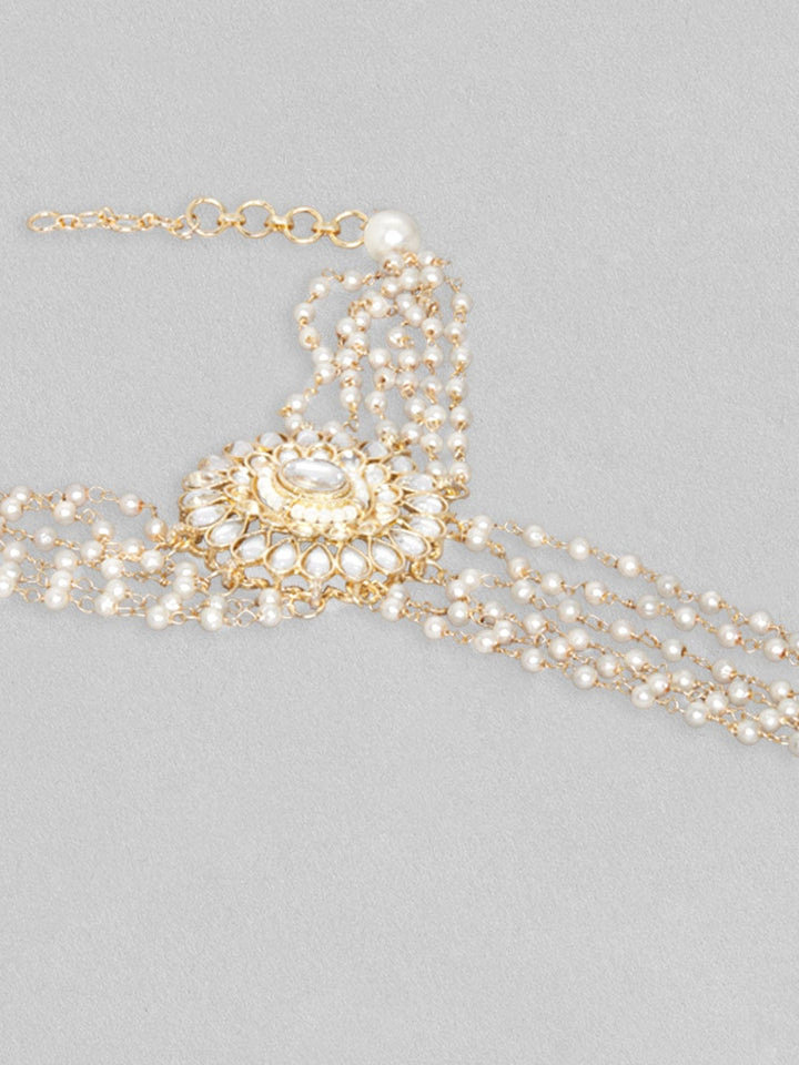 Rubans Gold Plated Classic Kundan Hathphool With White Beads. Rings