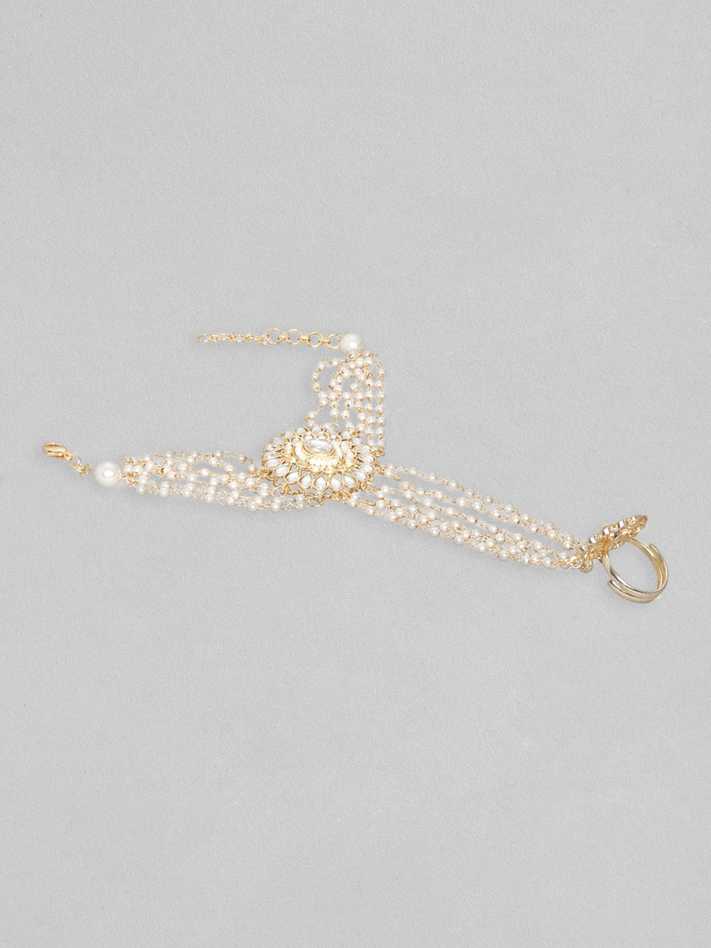 Rubans Gold Plated Classic Kundan Hathphool With White Beads. Rings