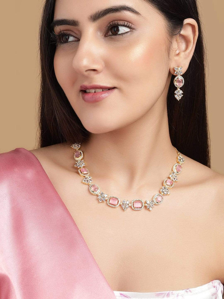 Rubans Gold Plated Contemporary Necklace Set With CZ And Pink Stones Necklace Set