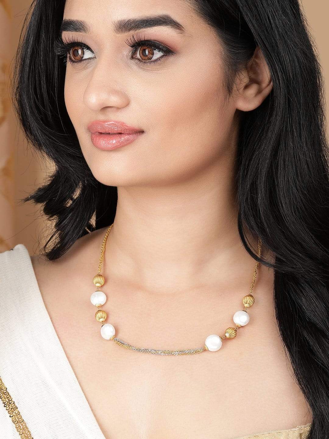 Rubans Gold Plated Contemporary White and Golden Bead Necklace Chain & Necklaces