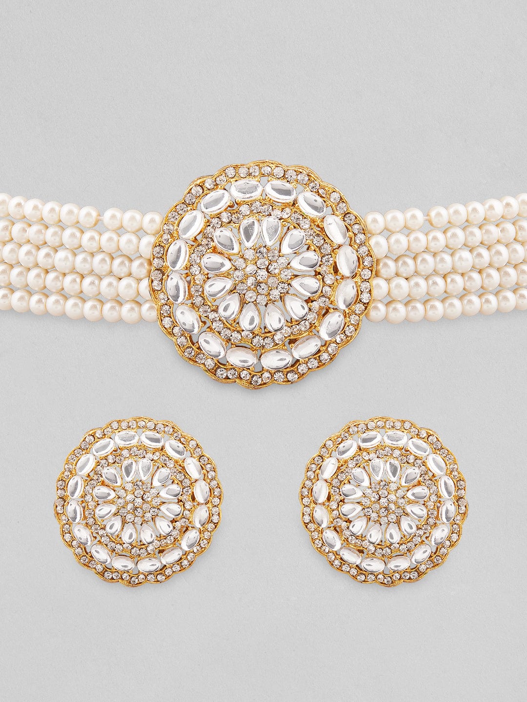 Rubans Gold Plated Elegant Kundan Choker Set With White Beads. Choker Necklace Set