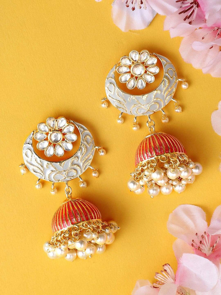 Rubans Gold Plated Enamel Pearl Statement Jhumka Earrings Earrings