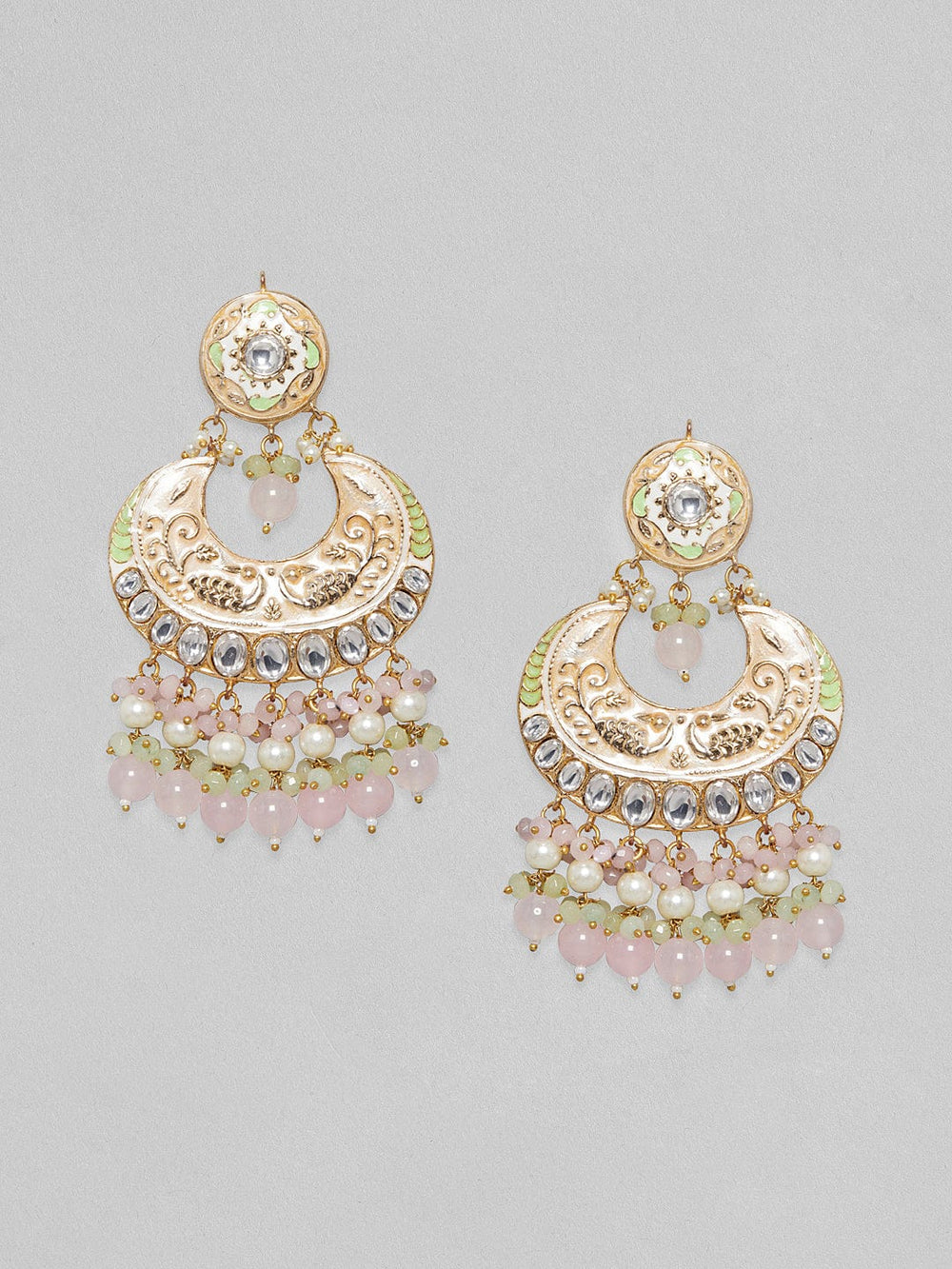 Rubans Gold Plated Enamelled Kundan Chandbali With Pastel Colour Beads Earrings